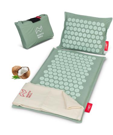 Northwall Akupressurmatte Set Eco Massage mat with pillow cloth and bag help with back pain stress & tension massage matte with pillow & bag acupuncture mat green