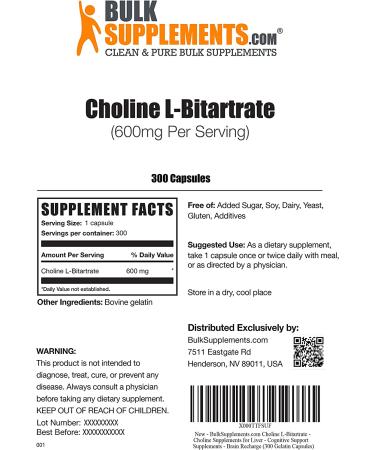 Choline L-Bitartrate Capsules for Cognitive and Liver Support - 300 Gelatin Capsules - Buy Online on GoSupps.com