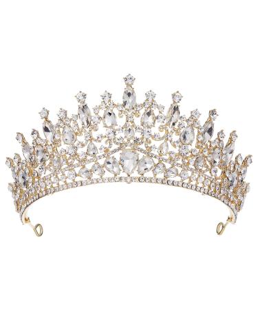 AW BRIDAL Gold Crown for Women  Royal Wedding Tiara for Bride  Queen Headband for Prom Halloween Pageant Birthday Hair Accessories  Gold