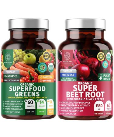 Number One Nutrition N1N Premium and Organic Superfood Greens and Beet Root Tablets for Immunity and Antioxidant Support Packed with Alfalfa Spirulina and Barley Grass 120 Tablets