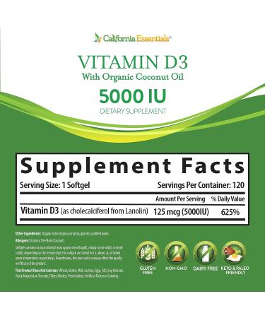 California Essentials Vitamin D3 5000 IU | Bone & Immune Support | High Potency Organic Coconut Oil | 120 Softgels - Buy Online on GoSupps.com