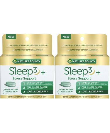 Nature's Bounty Stress Support Plus Melatonin Sleep3 Maximum Strength 100% Drug Free Sleep Aid Dietary Supplement with Ashwagandha Time Release Technology 10mg 56 Tri-Layered Tablets (Pack of 2)