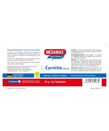 Buy MEGAMAX L-Carnitine 500 mg Tablets - 60 Pieces | Best Price Fast International Shipping - Buy Online on GoSupps.com