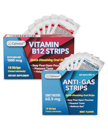 CALMOUR Digestive & Energy Support Bundle Anti Gas Relief Strips & Vitamin B12 Dissolvable Strips | Fast Bloating Relief & Energy Boost | Simethicone & Methylcobalamin Formula | Vegan-Friendly