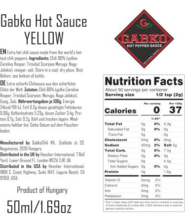 GABKO Yellow Hot Sauce (50ml) - 90% Carolina Reaper, Trinidad Scorpion, Moruga, Naga Jolokia - Aged 1 Year | No Extracts | Fruitier than Red Version - Buy Online on GoSupps.com