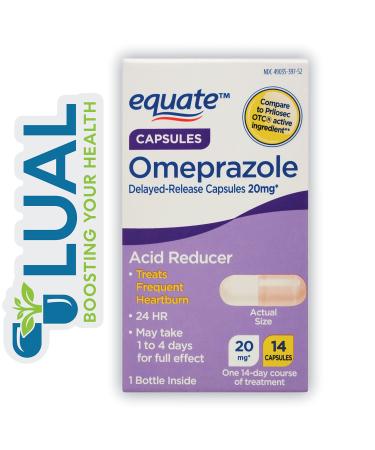 Omeprazole Acid Reducer for Heartburn | 14 Capsules |. Includes Luall Sticker + Equate Omeprazole Delayed Release Tablets 20 mg