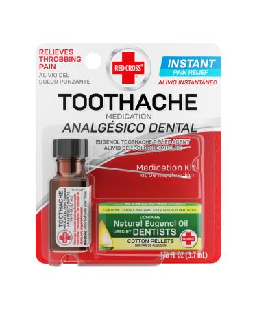 Red Cross Toothache Medicine Kit Instant Pain Relief of Throbbing Toothache Natural Eugenol Oil (Clove Oil) Includes Toothache Pain Relief Liquid Cotton Pellets & Tweezer 1/8 (.125) Fl Oz