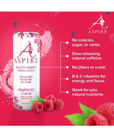 Aspire Healthy Energy Drink - Natural Caffeine, No Calories, Sugar, or Carbs | Vitamins B, C, Biotin | No Preservatives, Gluten Free | Vegan, Kosher, Keto-Friendly | 12 oz Can, Raspberry Acai (Pack of 12) - Buy Online on GoSupps.com