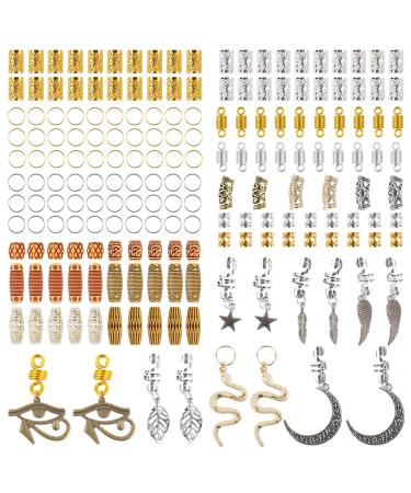 Nafaboig 180PCS Dreadlock Accessories with Wooden Beads  Hair Jewelry for Braids  Metal Gold Silver Wooden Beads Rings Cuffs Clips Coils Charms Braiding Accessories for Hair Decoration