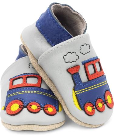 Dotty Fish Soft Leather Baby Shoes, Grey Train Design | Non-Slip Suede Soles | 0-6 Months to 4-5 Years | Toddler Boys' Footwear - Buy Online on GoSupps.com