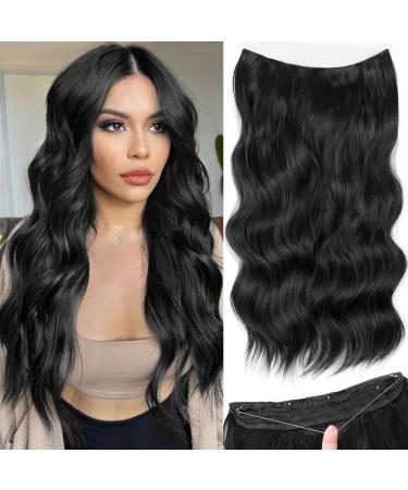 ALXNAN Black Invisible Wire Hair Extensions with Transparent Wire Adjustable Size 4 Secure Clips in Hair Extensions 20 Inches Long Wavy Hairpiece for Women 20 Inch Black