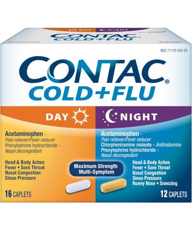 CONTAC Cold + Flu Maximum Strength Acetaminophen Day & Night Multi-Symptom Relief Nasal Congestion Sinus Pressure Sore Throat Body Aches Runny Nose Sneezing Combo 28 Caplets - Buy Online on GoSupps.com