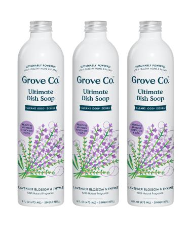 Grove Co. Ultimate Dish Soap Refills (3 x 16 Fl Oz) Removes 48-hr Stuck-on Food and Grease Plastic Free Cleaning Products 100% Natural Lavender Blossom & Thyme Fragrance Lavender & Thyme 16 Fl Oz (Pack of 3)
