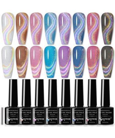 SUPWEE Rainbow Cat Eye Gel Polish 8 Colors Holographic Magnetic Gel Nail Polish 9D Cat Eye Glitter Sparkle Nail Gel Polish with Magnetic Stick Soak Off UV LED Varnish Gel Nail Art XCLSMY112