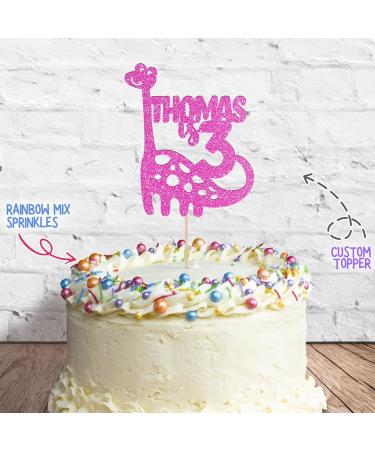 Cakeshop Cake Decoration Pack | Cute Birthday Dinosaur Premium Double Sided Glitter Card Cake Topper & 25g Party Pack of Cake Sugar Sprinkles | Custom Name & Age Cake Decoration (Baby Pink) Non-Prime Glitter Card: Baby Pink - Buy Online on GoSupps.com