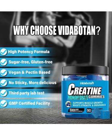 Sugar Free Creatine Monohydrate Gummies - Vegan 5g Creatine per Serving Blueberry Flavor for Muscle Mass - 90 Count - Buy Online on GoSupps.com