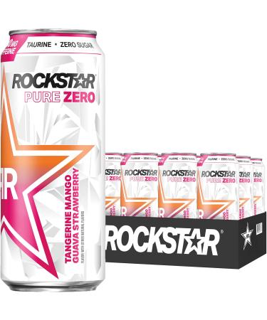 Rockstar Pure Zero Energy Drink, Tangerine Mango Guava Strawberryh, 0 Sugar, with Caffeine and Taurine, 16oz Cans (12 Pack) (Packaging May Vary)