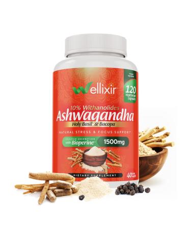 WELLIXIR Ashwagandha Capsules - 10% Withanolides Root Powder Extract Herbal Supplement to Help Support a Natural Stress Relief Sleep Focus - 1500mg for Men and Women -120 Count
