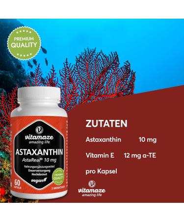 Vitamaze amazing life Astaxanthin Capsules High Dose & Vegan 10 mg per capsule natural astaxanthin powder from the blood rain algae 60 capsules for 2 months food supplement without additives - Buy Online on GoSupps.com