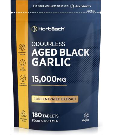 Black Garlic Tablets 15000mg | 180 Count | High Strength Odourless Concentrated Garlic Extract | Aged Black Garlic Vegan Supplement | by Horbaach - Buy Online on GoSupps.com