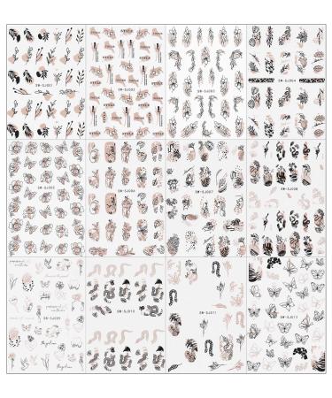 JMEOWIO Nail Ticker Rose Gold Black Flower - 12 Blatt Self-Adhesive Nail Art Stickers for Spring & Abstract Leaf Designs | International Shipping Available - Buy Online on GoSupps.com