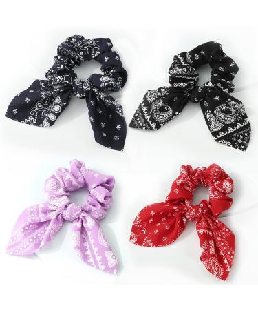 Miaija 4 Pieces Ribbon Bow Scrunchies Paisley Elastic Hair Band 4 Colors Chiffon Rope Scrunchy Leopard Ponytail Holders Hair Ties for Women Girls