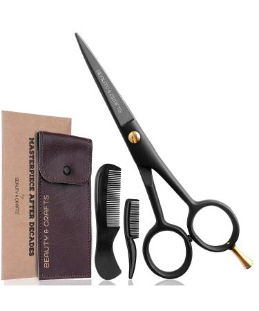 Beauty & Crafts- 5'' German Beard Mustache Scissor- 2 Mustache Combs For Facial Hair with Beautiful Pouch - Beard Trimming Scissors Use For Grooming, Cutting, And Styling Of Mustache (Black)