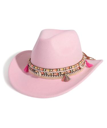 Gossifan Women Men Western Cowboy Cowgirl Hat Fedora Hat with Belt Y-tassel-pink Medium