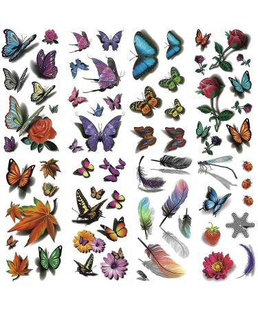 Temporary Tattoos for Women 8 Large sheets 3D Butterfly Tattoo Stickers Waterproof Flowers Dragonfly for Girls. (style 2)