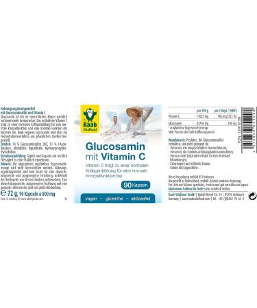 Raab Vitalfood Glucosamine Sulfate with Natural Vitamin C | Vegan Gluten-Free | 90 Capsules for Healthy Cartilage Formation - Buy Online on GoSupps.com