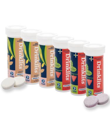 Drinklits Ginger-Lime Daily Hydration & Strawberry Daily Immune Support (6) Tube Combo Pack | Great Taste Gluten Free Travel Essential | 60 Servings (10 Tablets Per Tube)