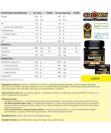  Crown Sport Nutrition Crown Sport Nutrition Isotonic Drink Isotonic sports drink powder with carbohydrates salts and amino acids BCAAs Sport Anti-Doping Certification (Lemon 640g) - Buy Online on GoSupps.com