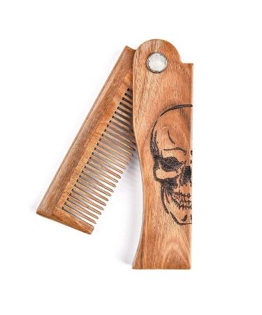 Menesia Men's Green Sandalwood Folding Pocket Beard Comb Set with Leather Case - Skull Design - Buy Online on GoSupps.com