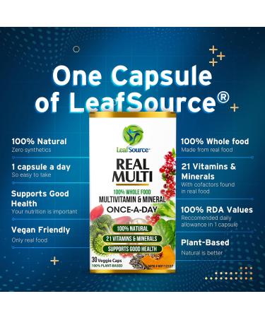 Leafsource Real Multi Vitamins & Minerals Capsules 21 Organic Sourced Whole Food Real Fruits & Veggies Supplements Vegan Enhanced Well-being Naturally A REAL Natural Multivitamin and Multi-Mineral with cofactors intact Syntetic vitamins can't do that only - Buy Online on GoSupps.com