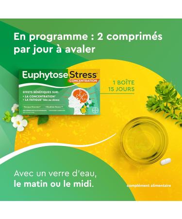 Euphytose Stress Concentration - Dietary Supplement - Bacopa Monnieri - Rhodiola Rosea - Adaptogenic Plants - Stress Difficulty Concentration - 3 Months - 3 x 30 Tablets - Made in France - Buy Online on GoSupps.com