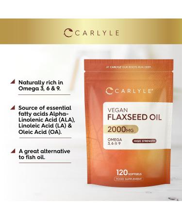 Flaxseed Oil Capsules 2000mg | 120 Count | High Strength Food Supplement | Cold Pressed | Omega 3 6 9 | by Carlyle - Buy Online on GoSupps.com