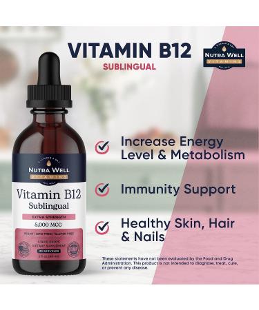 Nutrawell Vitamin B12 Liquid 5000mcg - Energy & Cardiovascular Support - Vegan Methylcobalamin B12 Drops 1oz - Buy Online on GoSupps.com