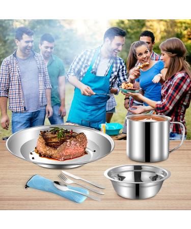 12Pcs Stainless Steel Camping Mess Kit for Backpacking & Hiking - Blue | Plate, Bowl, Cup, Spoon, Fork, Knife | Compact & Durable Tableware Set - Buy Online on GoSupps.com