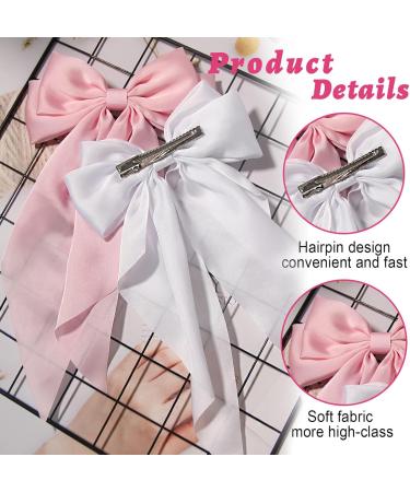 Kinretixia 2 Pieces Hair Bow Clips for Women Large Satin Hair Bows Long Tail Alligator Clips Big Hair Bow Girls Hair Pink/White - Buy Online on GoSupps.com