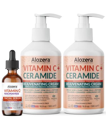 Alozera Vitamin C Body Lotion (2-Pack) and Vitamin C Serum with Niacinamide and Ferulic Acid Hydrating and Radiance Skincare Duo for Face, Neck and Body, Lightweight, Fragrance-Free, Made in USA
