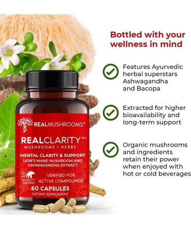 RealClarity Brain Supplement - Organic Lions Mane & Ashwagandha Capsules for Mental Clarity and Daily Immune Support - 60ct - Buy Online on GoSupps.com