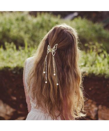CHANZET Gold Butterfly Hair Claw Clips with Pearl Tassel Chain - Set of 2 | Rhinestone Decoration Hair Accessories for Women and Girls - Buy Online on GoSupps.com