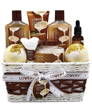 Bath and Body Gift Basket For Women and Men  9 Piece Set of Vanilla Coconut Home Spa Set, Includes Fragrant Lotions, Extra Large Bath Bombs, Coconut Oil, Luxurious Bath Towel & More