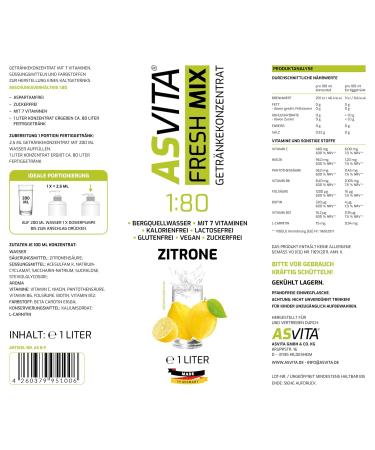 ASVITA Sugar-Free Beverage Concentrate - Fresh Mix 1:80 (1L) - 26 Delicious Zero-Calorie Syrup Flavors Perfect for Water & Bubbles - Lemon Flavor - Buy Online on GoSupps.com