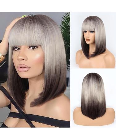 FAELBATY Short Bob Wig 14 Brown Blonde Ombre with Air Bangs | Shoulder Length Synthetic Cosplay Wig for Women - Dark Roots Gray Natural Hair | STR10B/89 - Buy Online on GoSupps.com