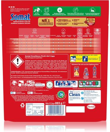 SOMAT Excellence Plus 4in1 Dishwasher Caps - 50 Eco-Friendly Water-Soluble Tabs with Extra Cleaning Power & Soaking Effect | International Shipping - Buy Online on GoSupps.com