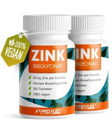 Zink 25mg - 2x365 tablets (vegan) with zinc -bisglycinate (zinc -chelate) for the highest bioavailability - laboratory test high -dose without undesirable additives - storage pack for the family - Profuel 2x 365 tablets