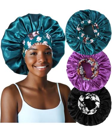 3PCS Extra Large Satin Bonnets for Black Women  Hair Bonnets for Sleeping Braids Curly Hair  C C-Black  Teal  Purple