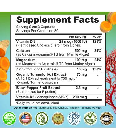 Plant-Based Calcium 500mg (Aquamin) Vegan Calcium Magnesium Zinc D3 with Vitamin K2 & Organic Turmeric Enhanced Bone and Muscle Health & Strength Immune Support for Women & Men - 90 Count 90 Count (Pack of 1) 500 Mg - Buy Online on GoSupps.com