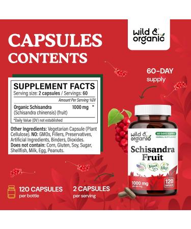 Wild & Organic Schisandra Berry Capsules 1000 mg - Mood & Relaxation Support - Schisandra Powder Extract Supplement - Vegan No Fillers Non-GMO - 120 Count 120 Count (Pack of 1) - Buy Online on GoSupps.com